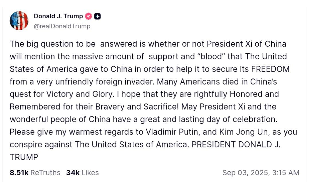 Featured image for: Trump Urges Xi to Honor American Sacrifice During China Celebrations Trump Urges Xi to Honor American Sacrifice During China Celebrations