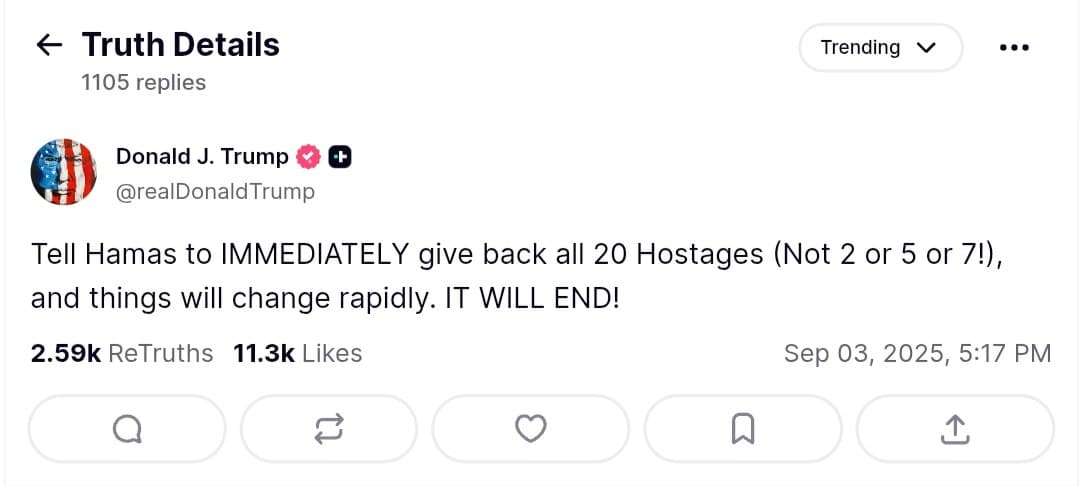 Featured image for: Trump Demands Hamas Return All 20 Hostages to End Crisis Trump Demands Hamas Return All 20 Hostages to End Crisis