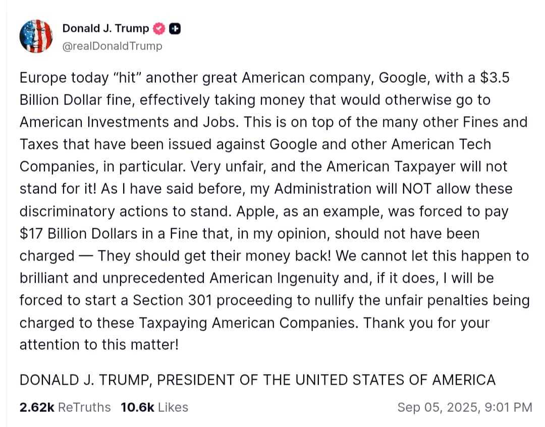 Featured image for: Trump Rips EU’s $3.5B Google Fine, Threatens Trade Action Trump Rips EU’s $3.5B Google Fine, Threatens Trade Action