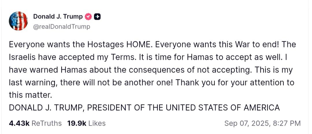 Featured image for: Trump Issues Final Warning to Hamas as Israel Accepts Peace Terms Trump Issues Final Warning to Hamas as Israel Accepts Peace Terms