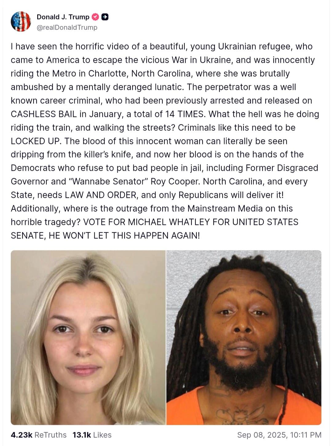 Featured image for: Ukrainian Refugee Slain in Charlotte; Trump Blames Cashless Bail System Ukrainian Refugee Slain in Charlotte; Trump Blames Cashless Bail System