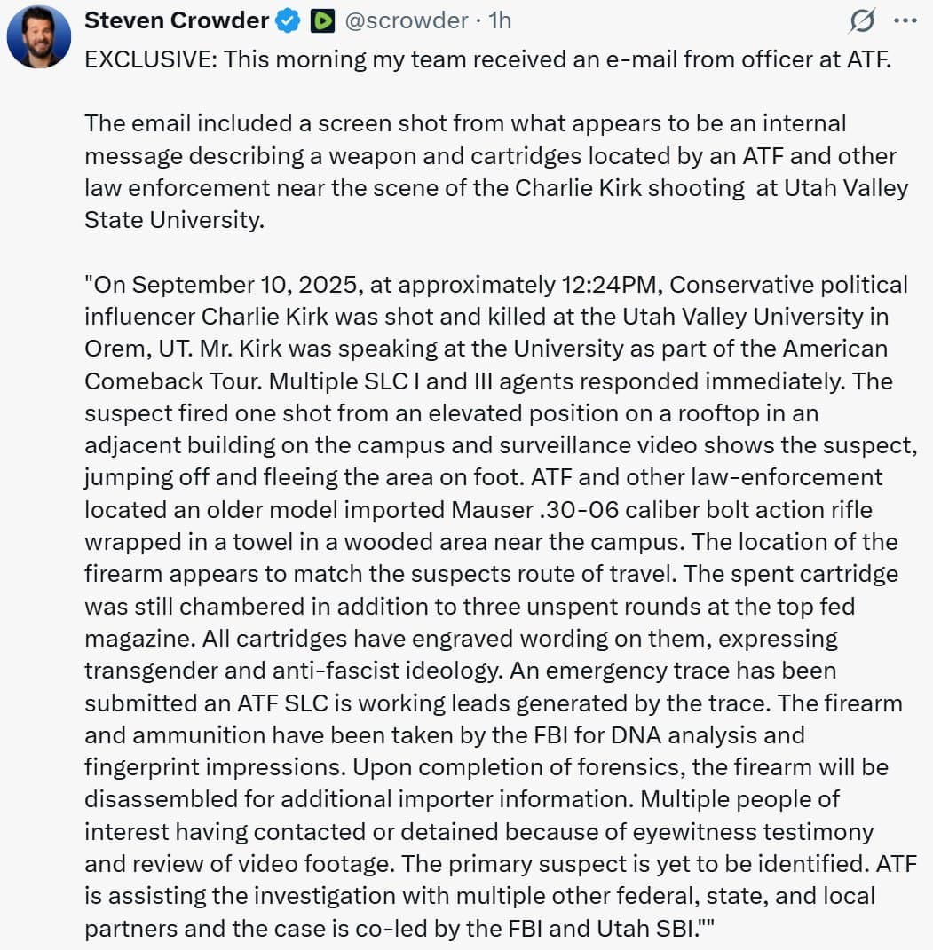 Featured image for: Crowder Reveals ATF Memo on Rifle Tied to Kirk's Fatal Shooting Crowder Reveals ATF Memo on Rifle Tied to Kirk's Fatal Shooting