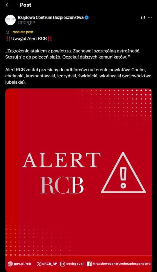 Featured image for: Poland Issues Air Raid Alerts in Lublin Amid Heightened Tensions Poland Issues Air Raid Alerts in Lublin Amid Heightened Tensions