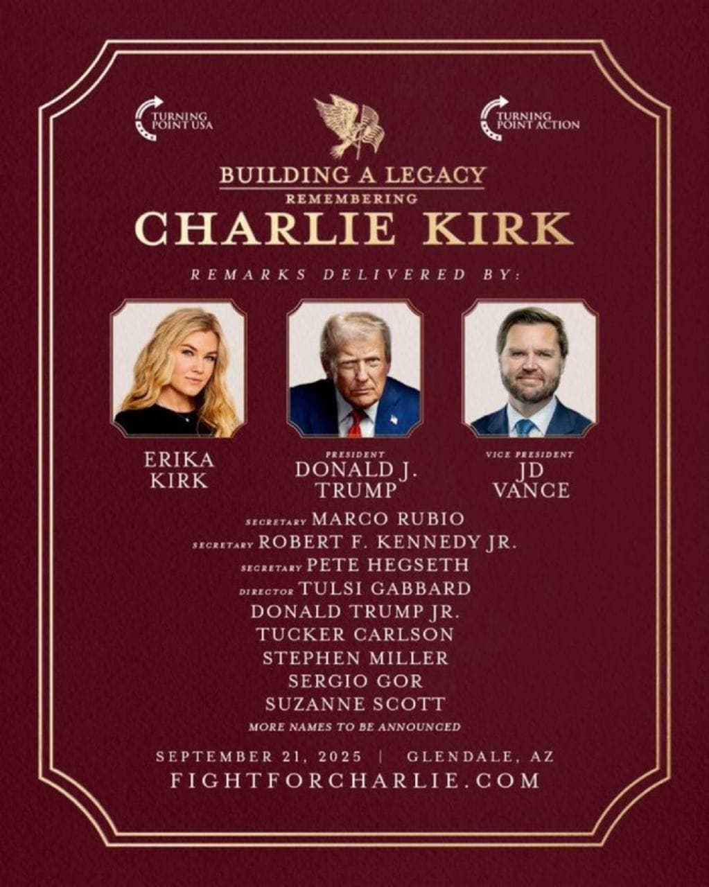 Featured image for: Turning Point USA announces speaker lineup for Charlie Kirk's memorial service Turning Point USA announces speaker lineup for Charlie Kirk's memorial service