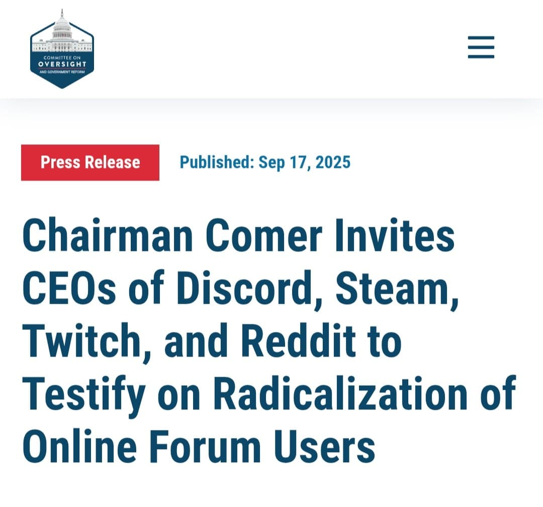 Featured image for: Chairman Comer invites CEOs of Discord, Steam, Twitch, and Reddit to testify Chairman Comer invites CEOs of Discord, Steam, Twitch, and Reddit to testify