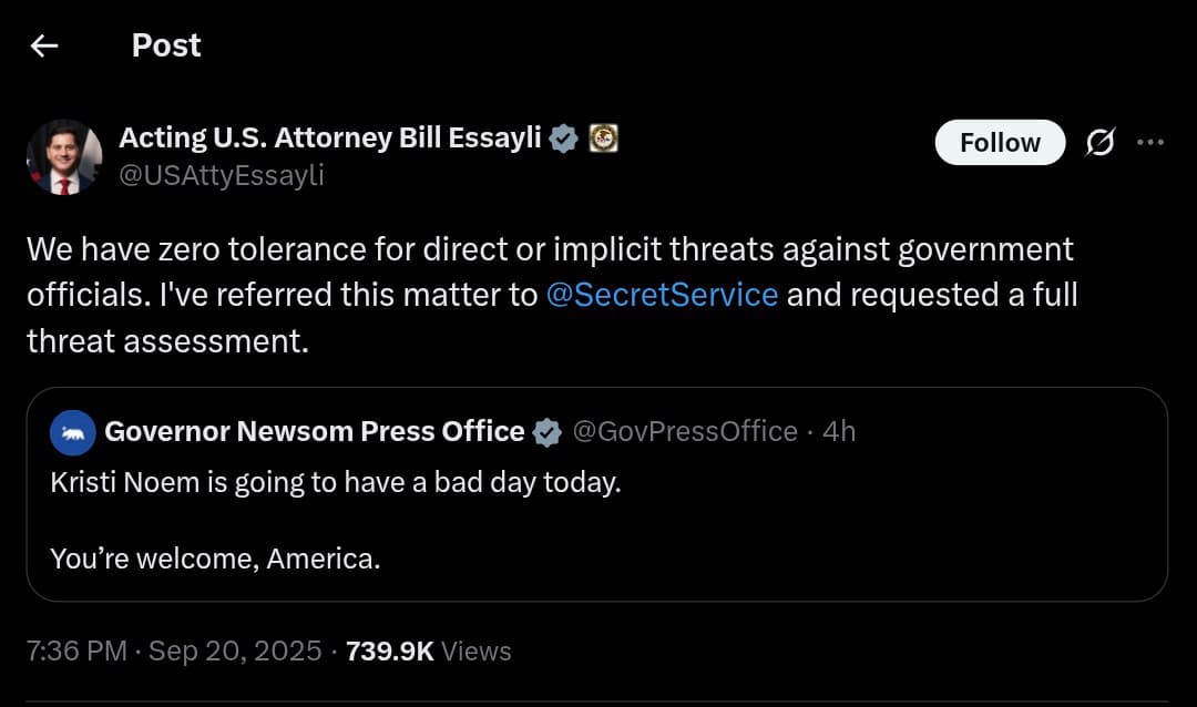 Featured image for: Acting U.S. Attorney Bill Essayli refers threat against Kristi Noem to Secret Service Acting U.S. Attorney Bill Essayli refers threat against Kristi Noem to Secret Service