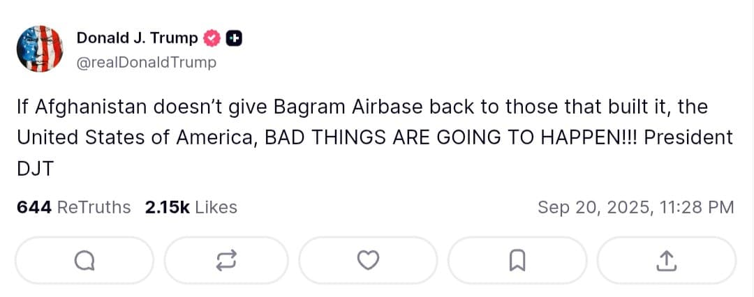 Featured image for: Trump warns of consequences if Afghanistan does not return Bagram Airbase Trump warns of consequences if Afghanistan does not return Bagram Airbase