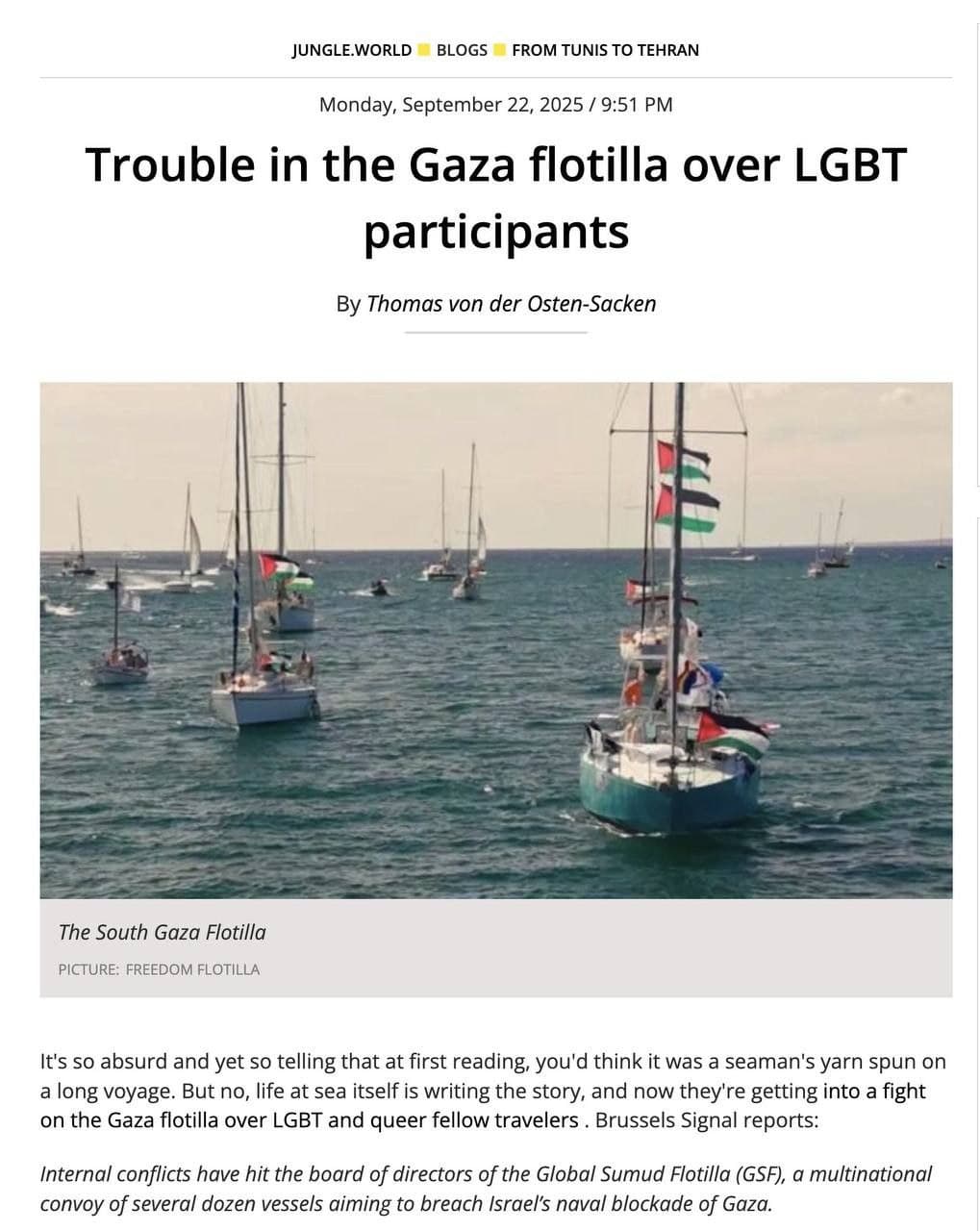 Featured image for: Sumud 'Greta' Flotilla faces internal conflict over LGBTQ presence Sumud 'Greta' Flotilla faces internal conflict over LGBTQ presence