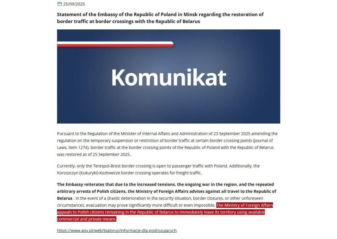 Featured image for: Poland urges citizens to leave Belarus immediately, says Foreign Ministry Poland urges citizens to leave Belarus immediately, says Foreign Ministry