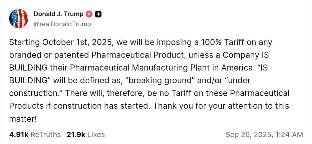 Featured image for: Trump announces 100% tariff on pharmaceutical products starting October 1, 2025 Trump announces 100% tariff on pharmaceutical products starting October 1, 2025