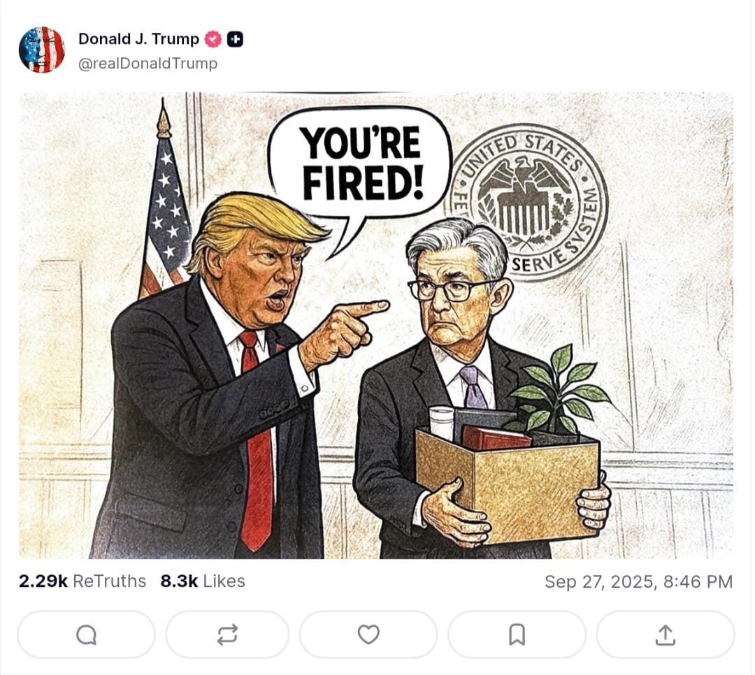 Featured image for: Trump posts image on Truth Social telling Fed Chair Powell 'YOU'RE FIRED!' Trump posts image on Truth Social telling Fed Chair Powell 'YOU'RE FIRED!'