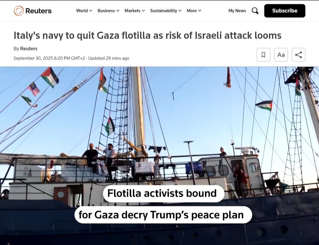 Featured image for: Italy's navy to stop escorting Global Sumud aid flotilla to Gaza Italy's navy to stop escorting Global Sumud aid flotilla to Gaza