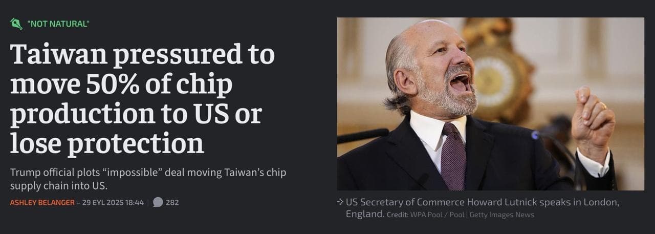 Featured image for: Trump Admin Demands Taiwan Shift 50% of Chip Production to US Trump Admin Demands Taiwan Shift 50% of Chip Production to US