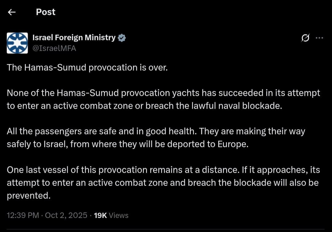 Featured image for: All Hamas-Sumud provocation yachts prevented from breaching naval blockade All Hamas-Sumud provocation yachts prevented from breaching naval blockade