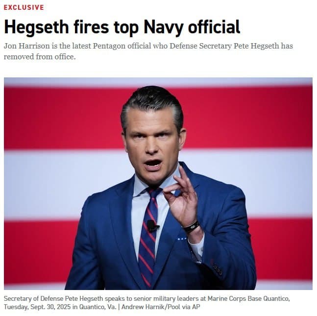 Featured image for: US Secretary of War Pete Hegseth fires Navy Chief of Staff Jon Harrison US Secretary of War Pete Hegseth fires Navy Chief of Staff Jon Harrison