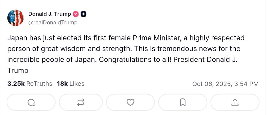 Featured image for: Japan elects its first female Prime Minister, says President Trump Japan elects its first female Prime Minister, says President Trump