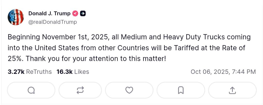 Featured image for: Trump announces 25% tariff on Medium and Heavy Duty Trucks from Nov 1, 2025 Trump announces 25% tariff on Medium and Heavy Duty Trucks from Nov 1, 2025