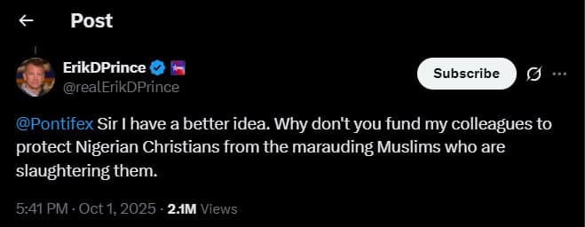 Featured image for: Erik Prince asks Vatican to fund PMC for Crusade against Boko Haram Erik Prince asks Vatican to fund PMC for Crusade against Boko Haram