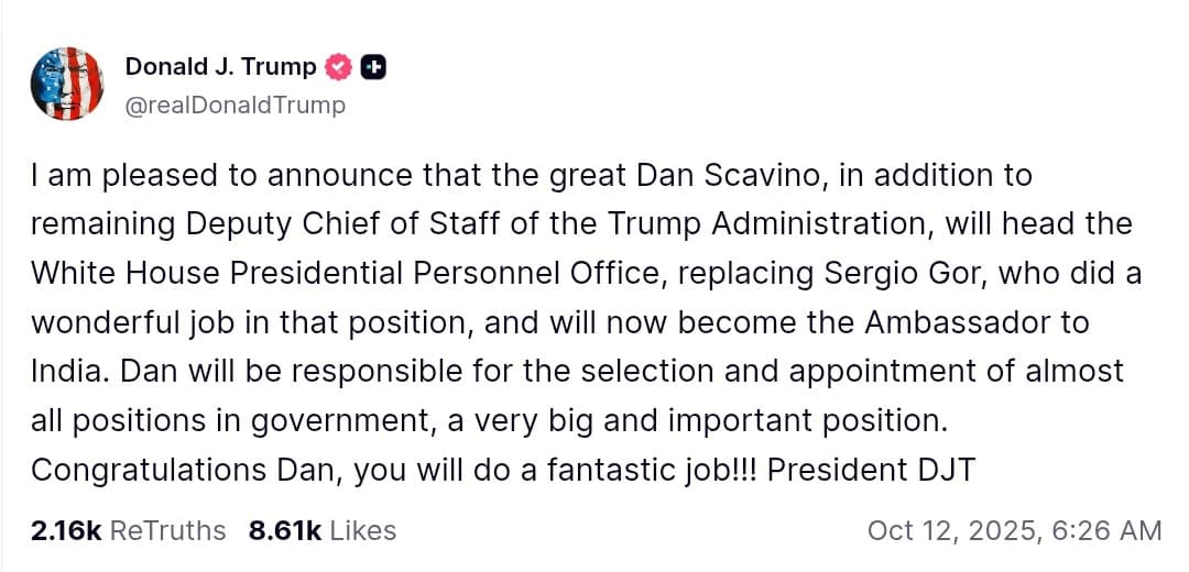 Featured image for: Dan Scavino appointed to head White House Presidential Personnel Office Dan Scavino appointed to head White House Presidential Personnel Office