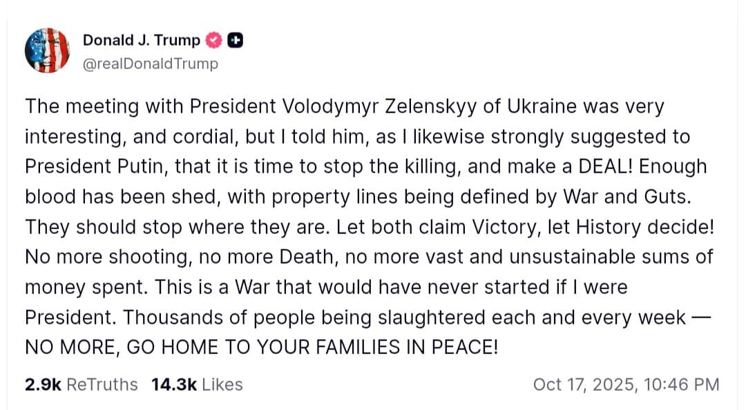 Featured image for: Trump urges Ukraine and Russia to stop the killing and make a deal Trump urges Ukraine and Russia to stop the killing and make a deal