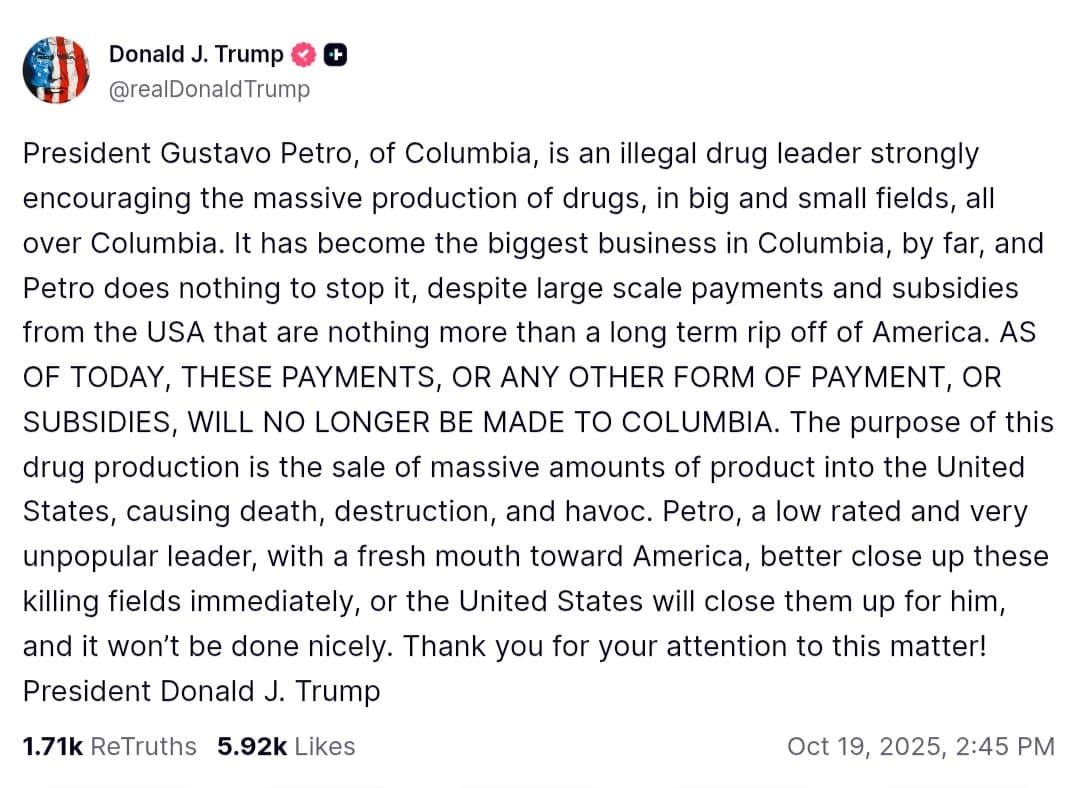 Featured image for: Trump Halts All US Aid to Colombia, Calls Petro 'Illegal Drug Dealer' Trump Halts All US Aid to Colombia, Calls Petro 'Illegal Drug Dealer'