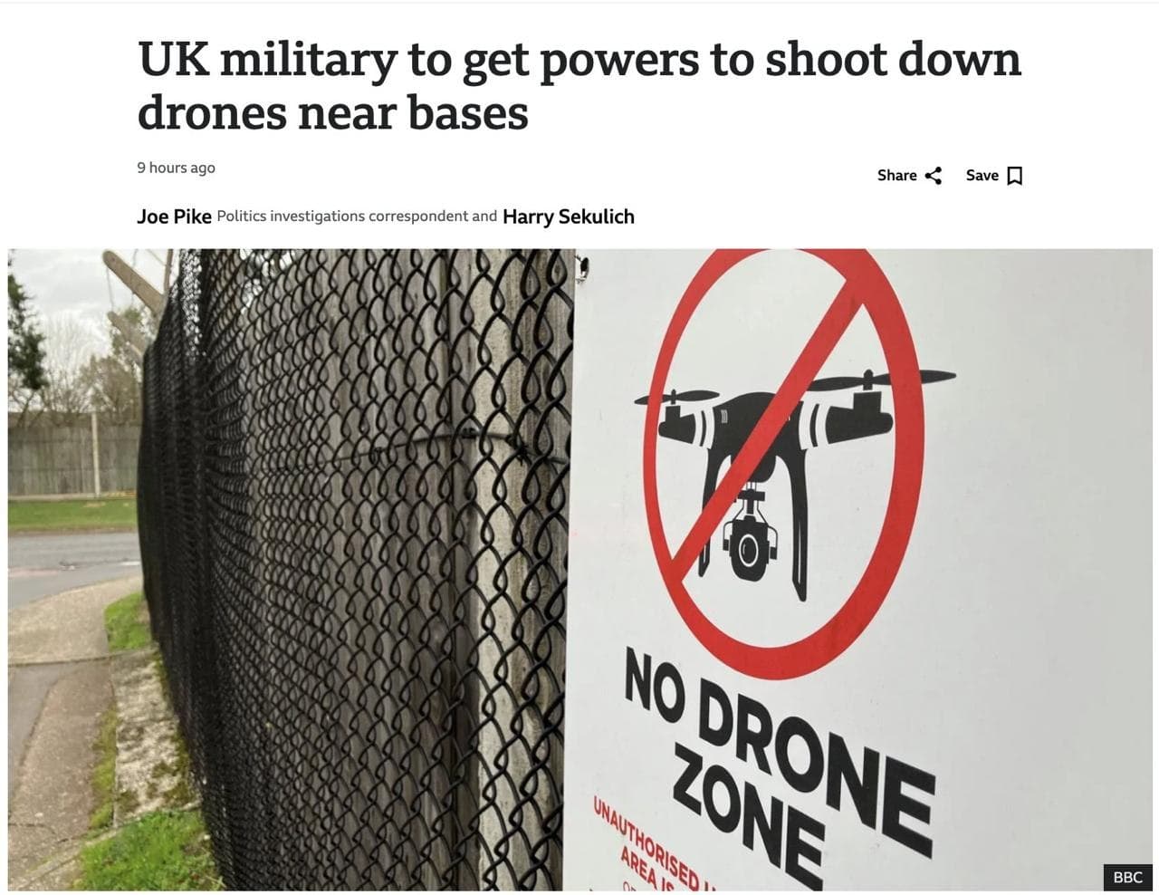 Featured image for: UK military to get powers to shoot down drones near bases UK military to get powers to shoot down drones near bases