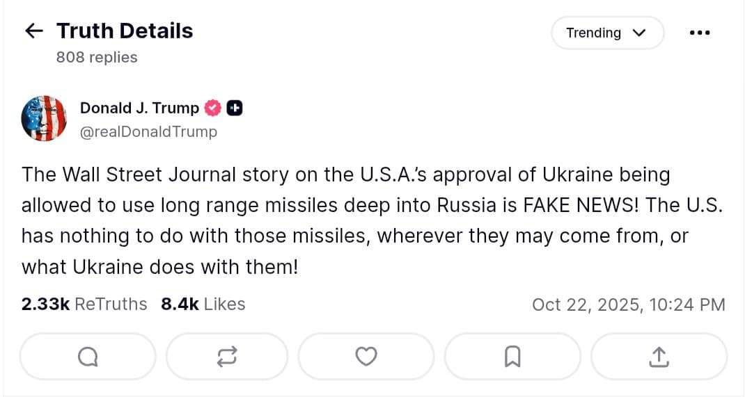 Featured image for: Trump calls Wall Street Journal story on Ukraine missiles "FAKE NEWS! Trump calls Wall Street Journal story on Ukraine missiles "FAKE NEWS!