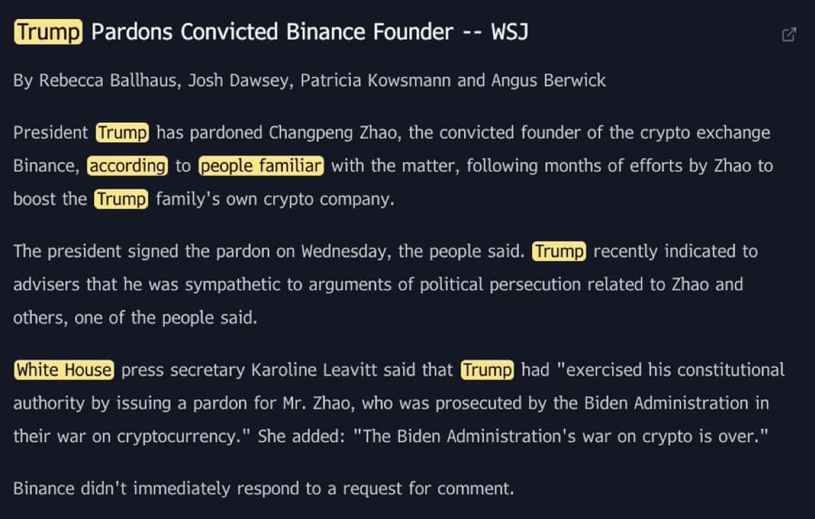 Featured image for: Trump pardons convicted Binance Founder Changpeng Zhao (CZ) Trump pardons convicted Binance Founder Changpeng Zhao (CZ)