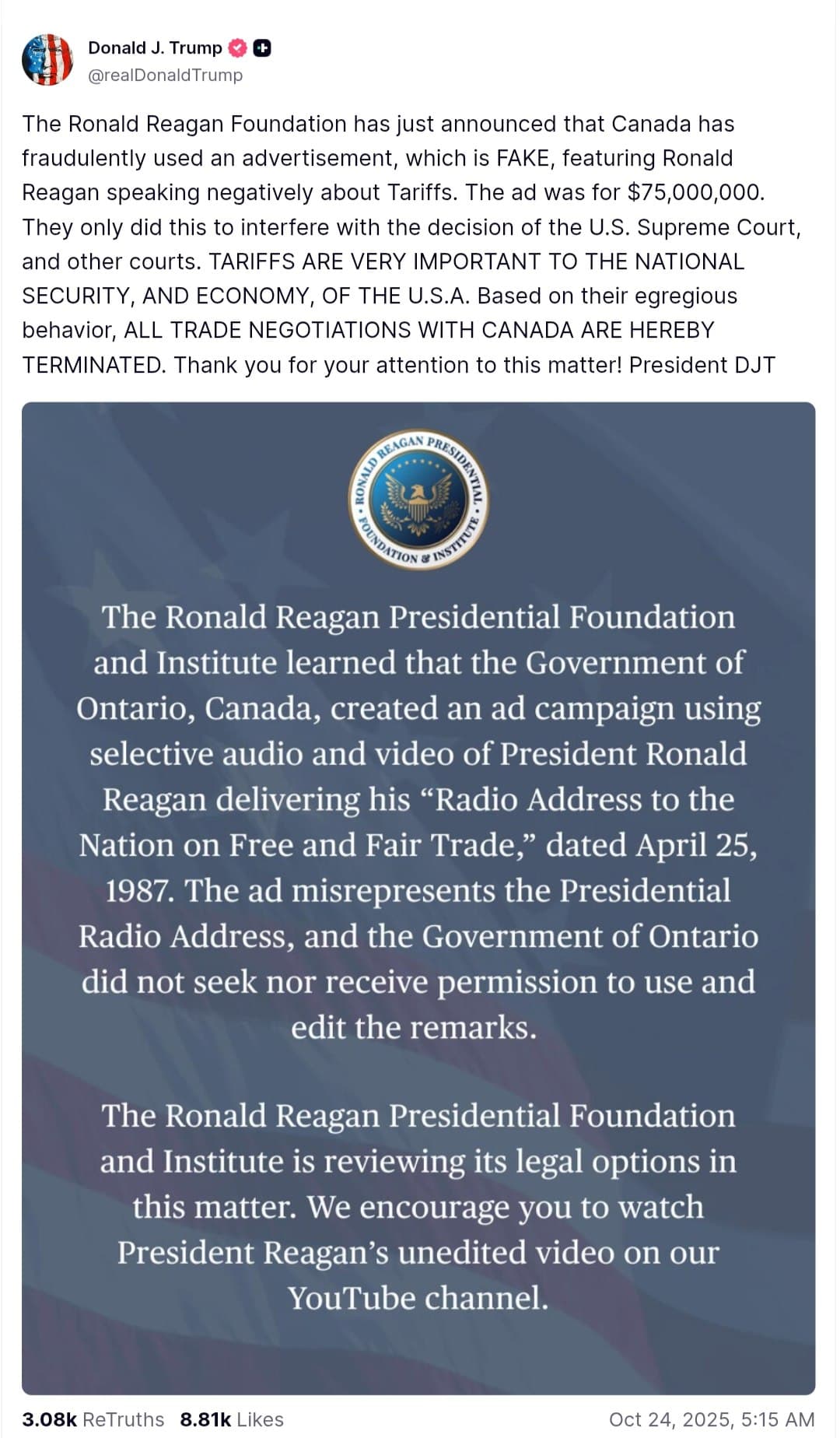 Featured image for: Trump Ends Trade Negotiations with Canada Over Fraudulent Reagan Ad Trump Ends Trade Negotiations with Canada Over Fraudulent Reagan Ad