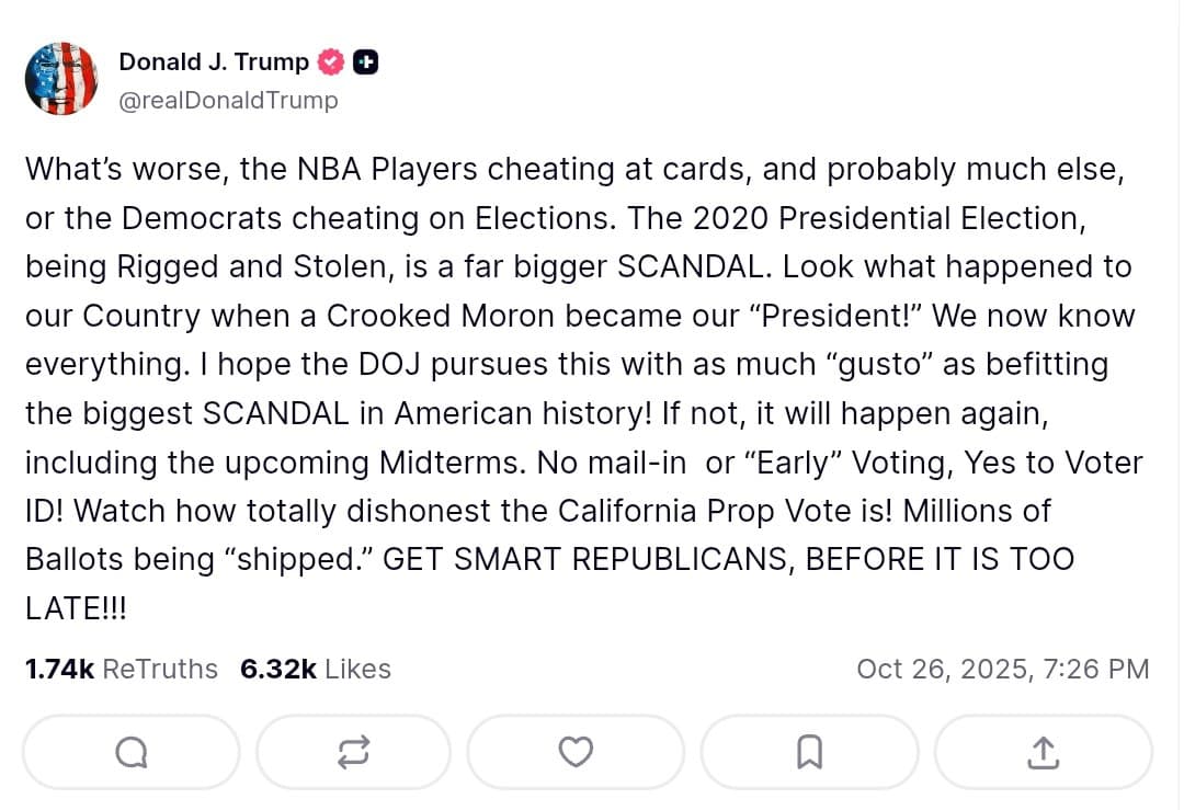 Featured image for: Trump demands DOJ probe into 'stolen' 2020 election amid NBA cheating scandal Trump demands DOJ probe into 'stolen' 2020 election amid NBA cheating scandal