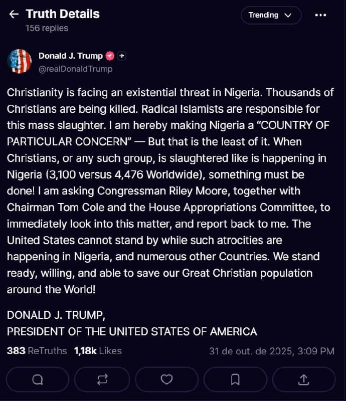 Featured image for: Trump designates Nigeria a 'Country of Particular Concern' over Christian killings Trump designates Nigeria a 'Country of Particular Concern' over Christian killings