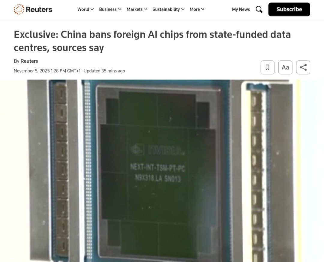 Featured image for: China orders state-funded data centers to use only domestic AI chips China orders state-funded data centers to use only domestic AI chips
