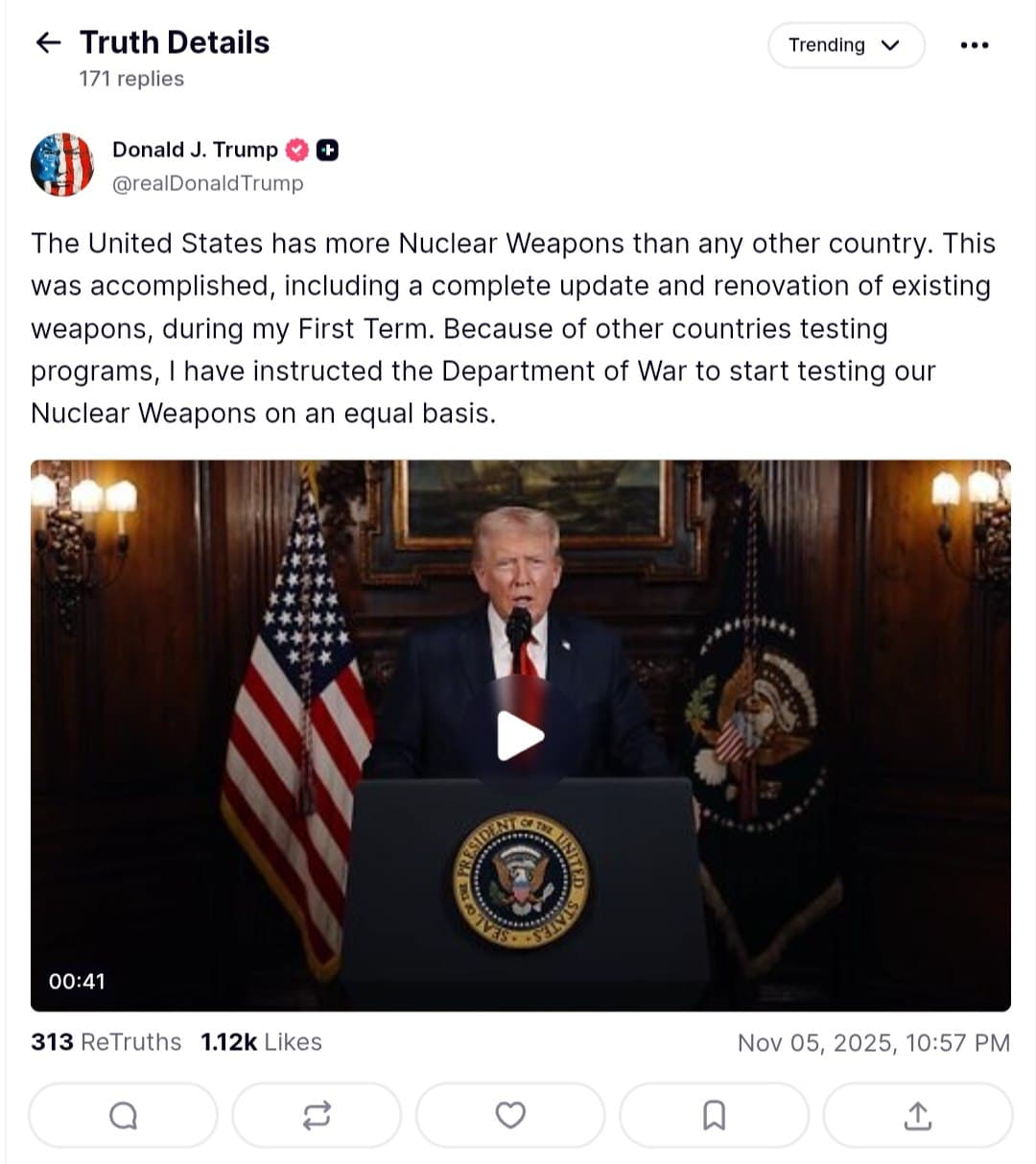 Featured image for: Trump instructs Department of War to start testing nuclear weapons Trump instructs Department of War to start testing nuclear weapons