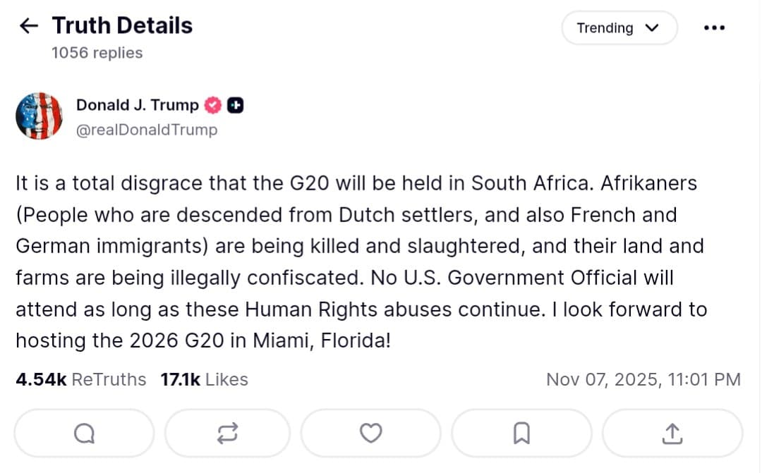 Featured image for: Trump criticizes G20 in South Africa, cites Afrikaner human rights abuses Trump criticizes G20 in South Africa, cites Afrikaner human rights abuses