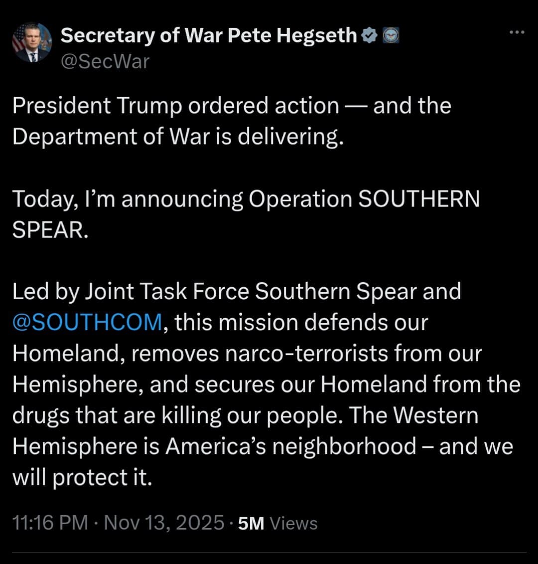 Featured image for: US Secretary of War Pete Hegseth announces Operation 'SOUTHERN SPEAR' US Secretary of War Pete Hegseth announces Operation 'SOUTHERN SPEAR'