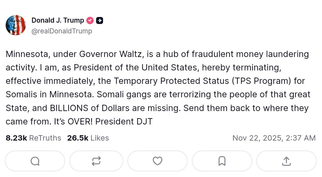 Featured image for: Trump terminates Temporary Protected Status for Somalis in Minnesota Trump terminates Temporary Protected Status for Somalis in Minnesota