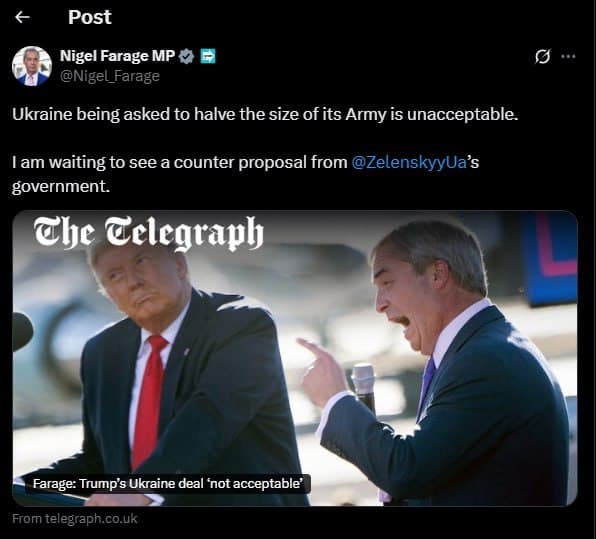Featured image for: Nigel Farage rejects Trump's Ukraine peace proposal as 'unacceptable' Nigel Farage rejects Trump's Ukraine peace proposal as 'unacceptable'