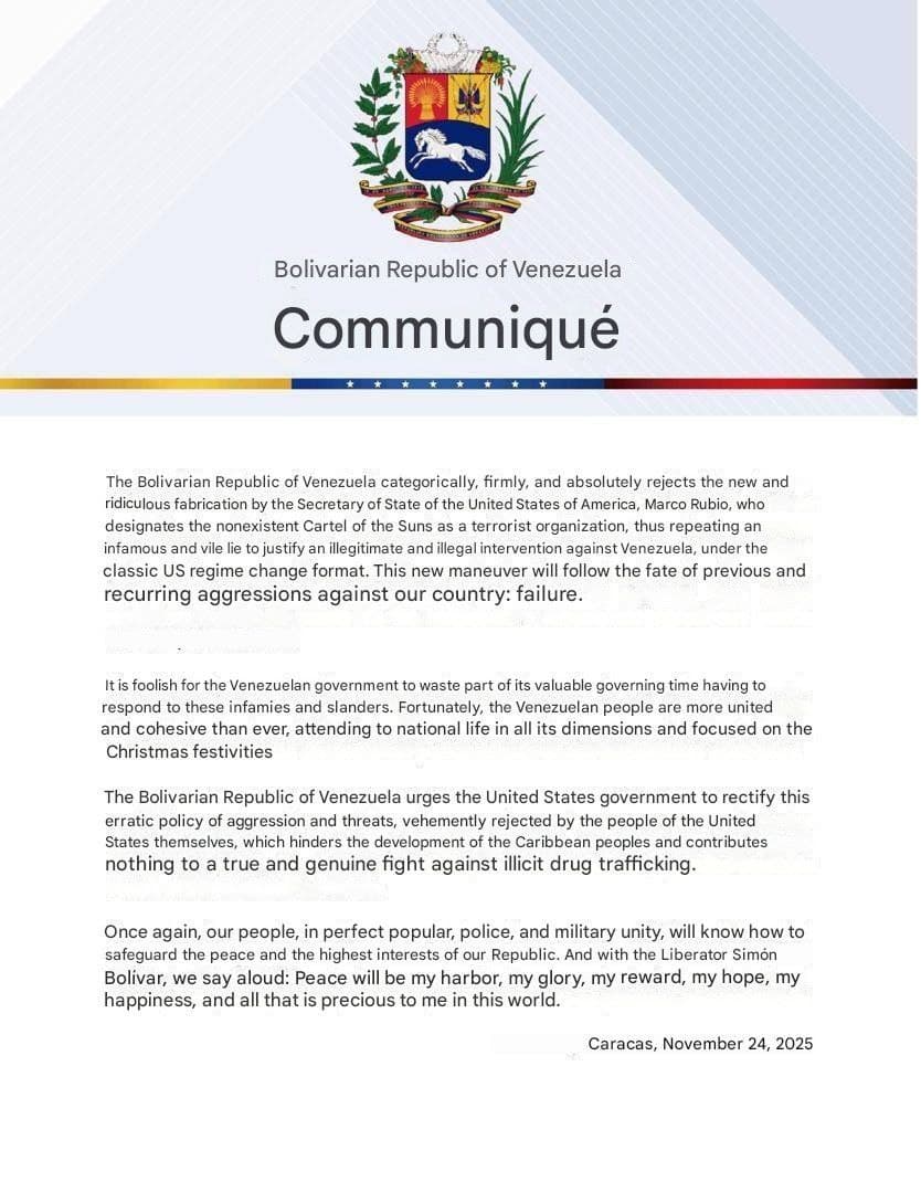 Featured image for: Venezuela rejects US designation of "Cartel de los Soles" as terrorist group Venezuela rejects US designation of "Cartel de los Soles" as terrorist group