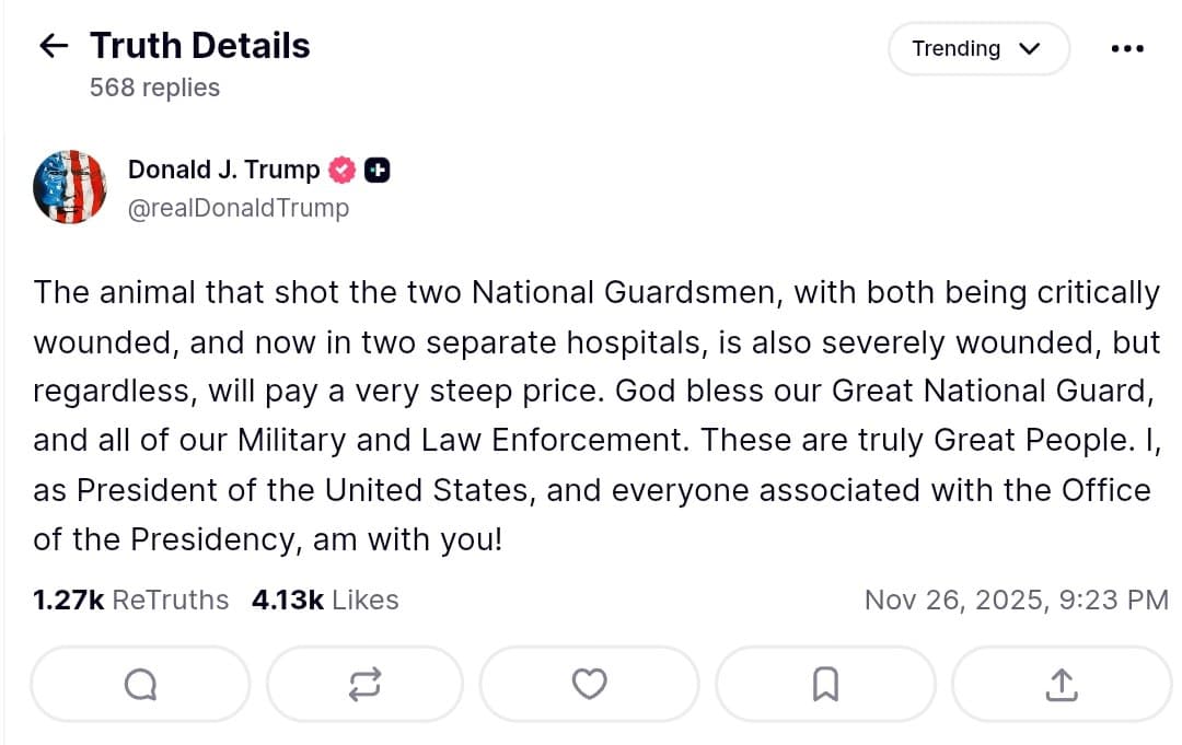 Featured image for: Trump condemns shooter who critically wounded two National Guardsmen Trump condemns shooter who critically wounded two National Guardsmen