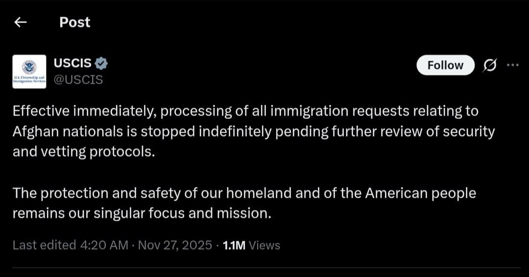 Featured image for: USCIS halts processing of immigration requests for Afghan nationals USCIS halts processing of immigration requests for Afghan nationals