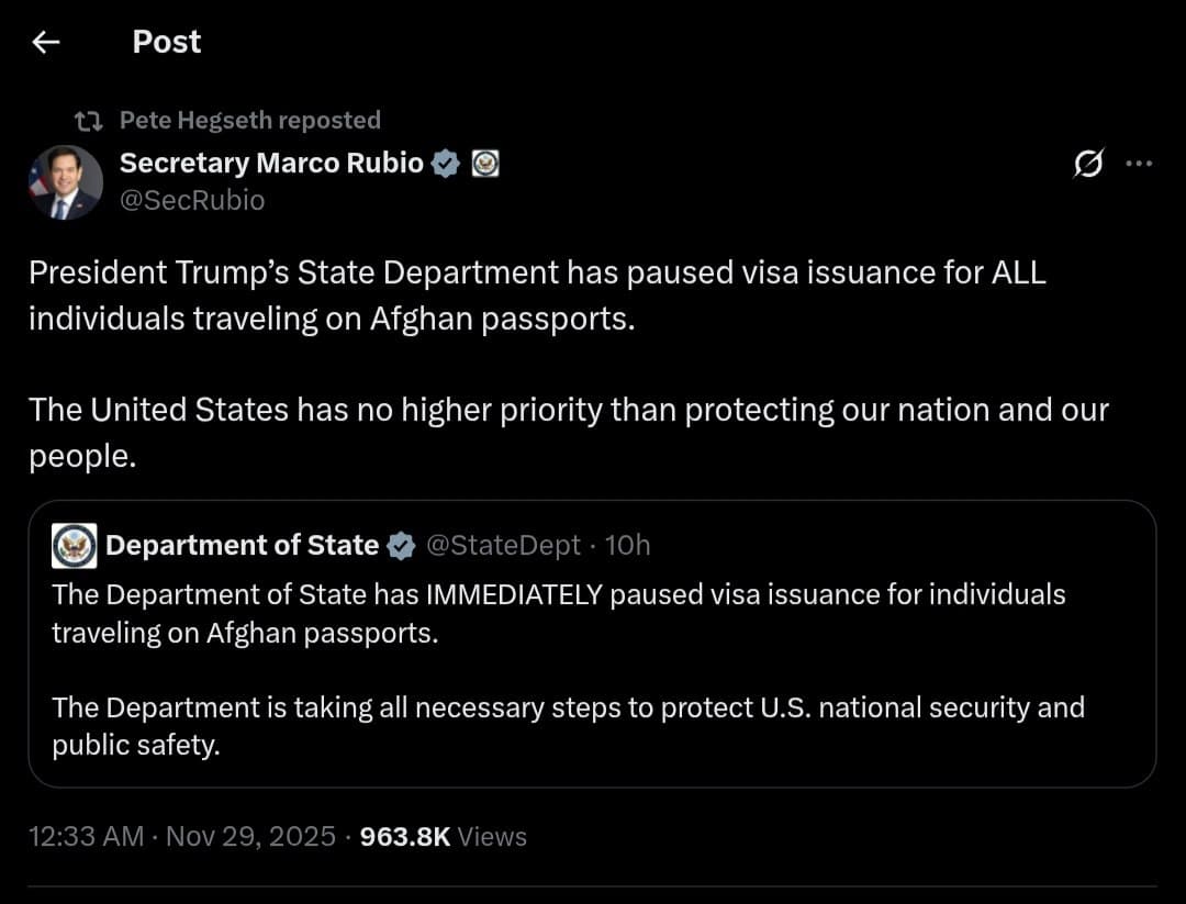 Featured image for: US Department of State pauses visa issuance for Afghan passport holders US Department of State pauses visa issuance for Afghan passport holders
