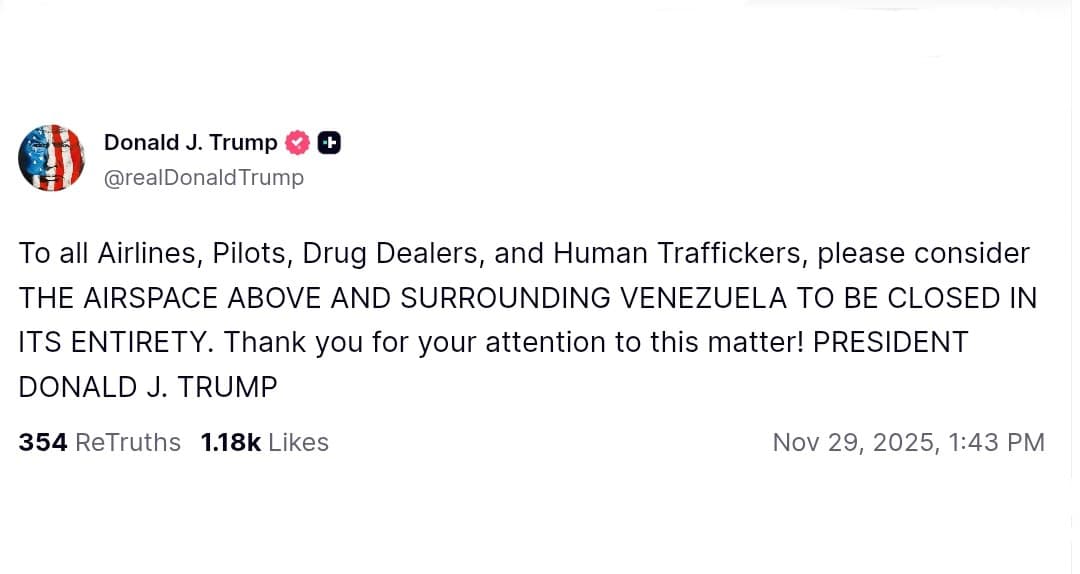 Featured image for: Trump declares airspace above Venezuela closed to airlines and traffickers Trump declares airspace above Venezuela closed to airlines and traffickers