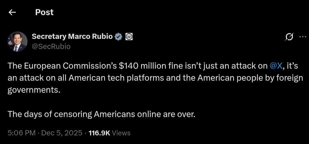 Featured image for: Marco Rubio condemns European Commission's $140M fine as attack on US tech Marco Rubio condemns European Commission's $140M fine as attack on US tech