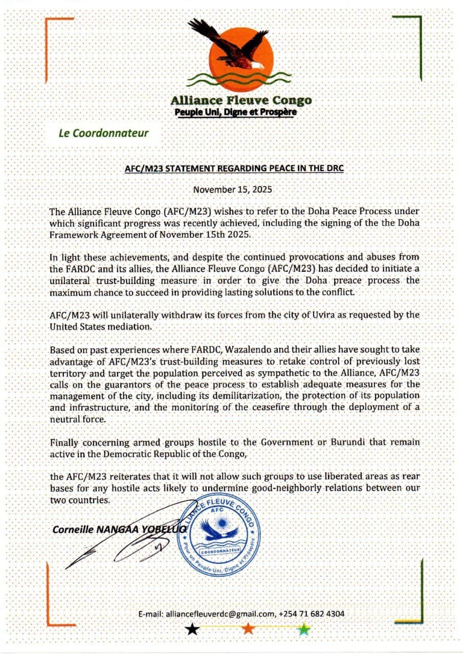 AFC/M23 rebels to withdraw from Uvira, DR Congo, at US request