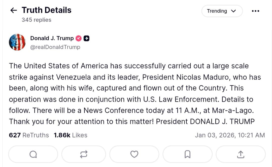 Featured image for: US conducts large scale strike against Venezuela, captures Maduro US conducts large scale strike against Venezuela, captures Maduro