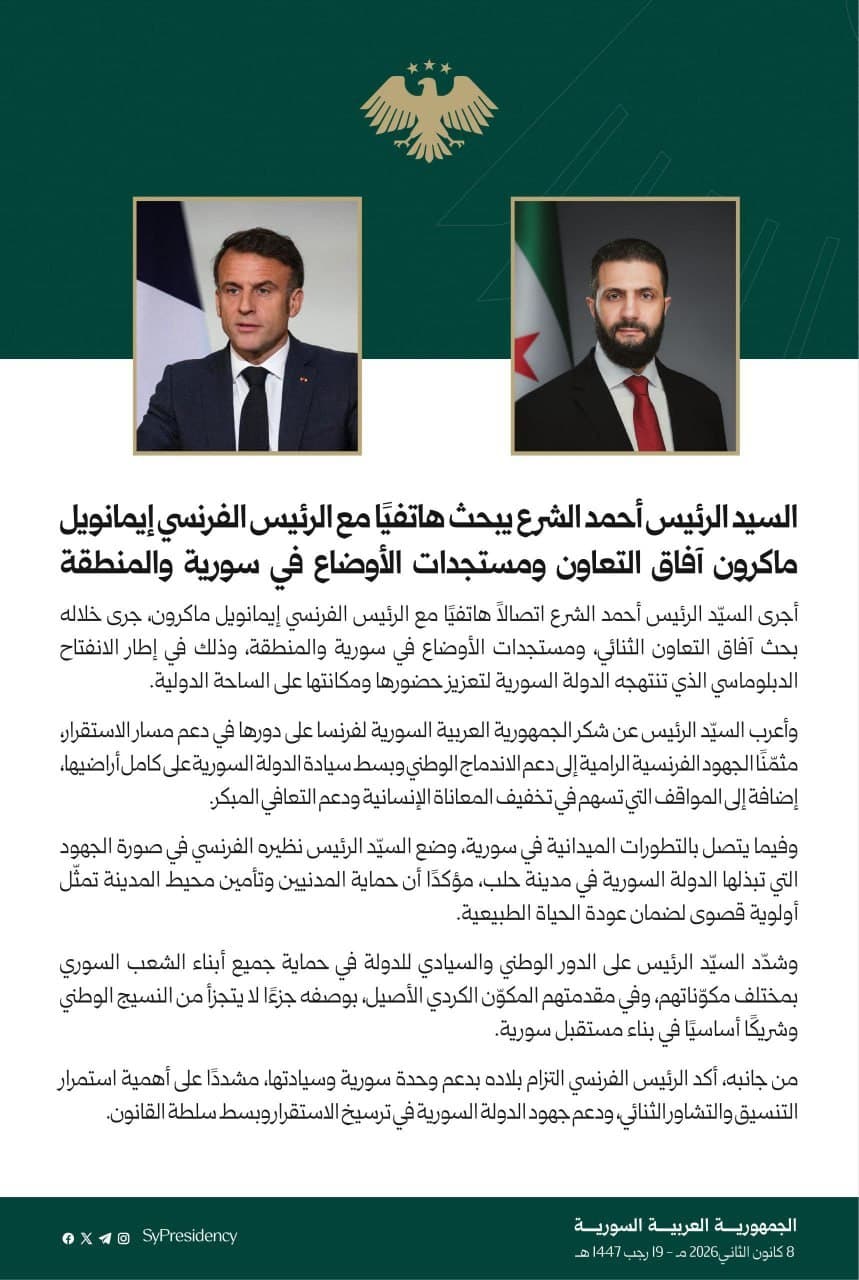 Syrian Interim-president Ahmed Al-Sharaa speaks with French President Macron