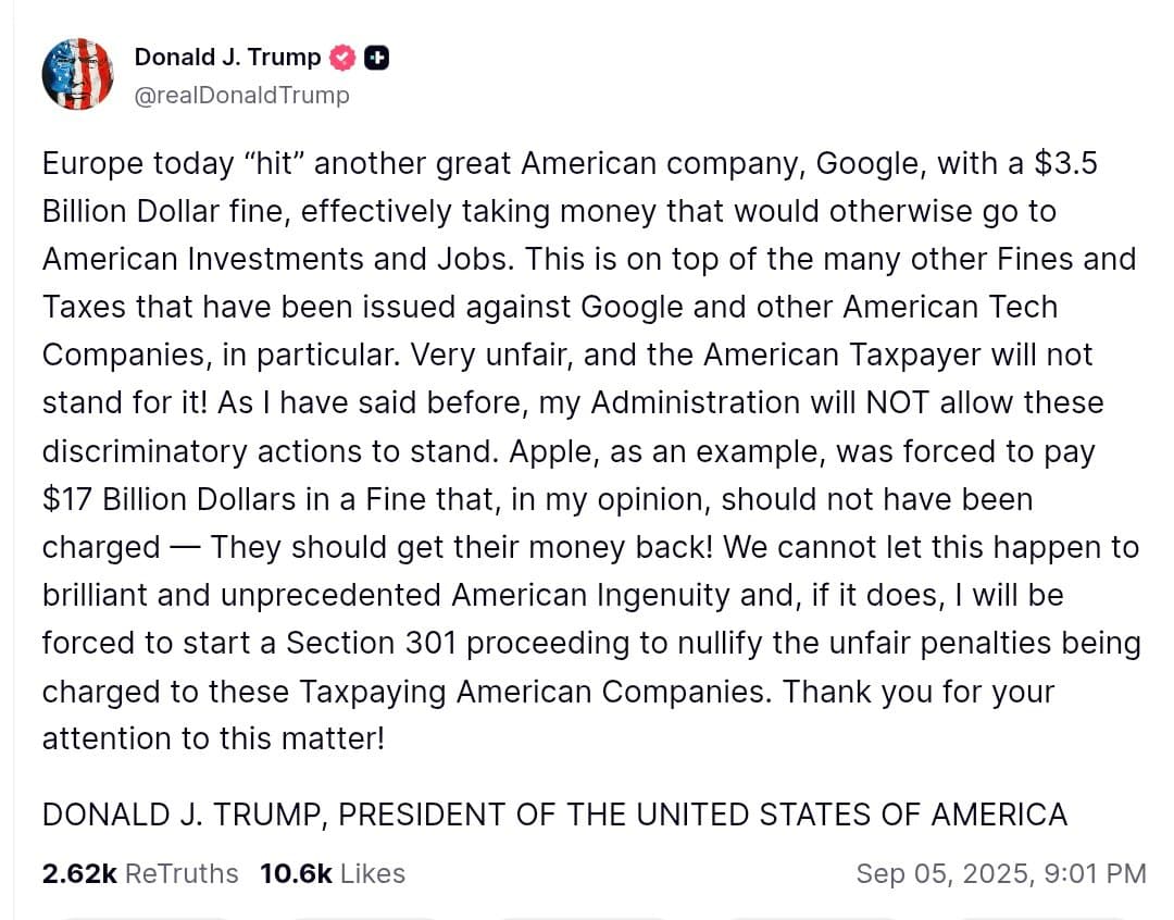 Featured image for: Trump Denounces EU's $3.5B Google Fine as Unfair Trade Attack Trump Denounces EU's $3.5B Google Fine as Unfair Trade Attack