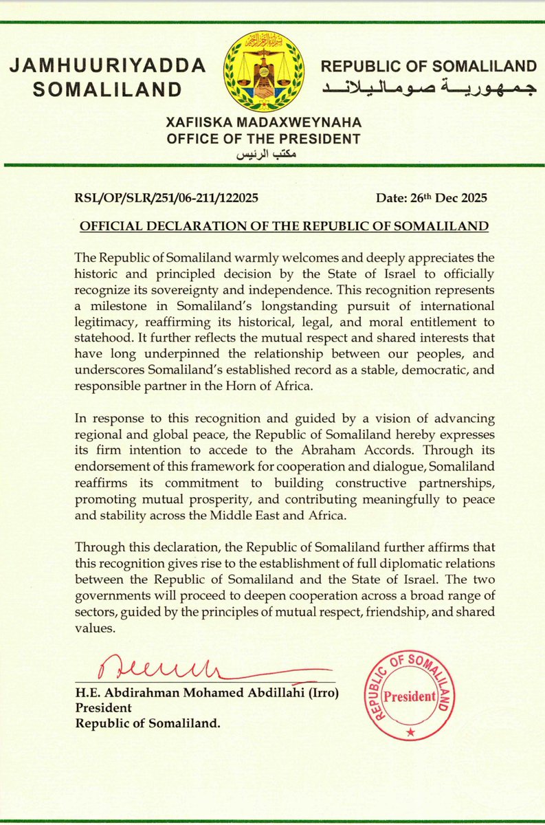 Image for Republic of Somaliland officially recognized by State of Israel