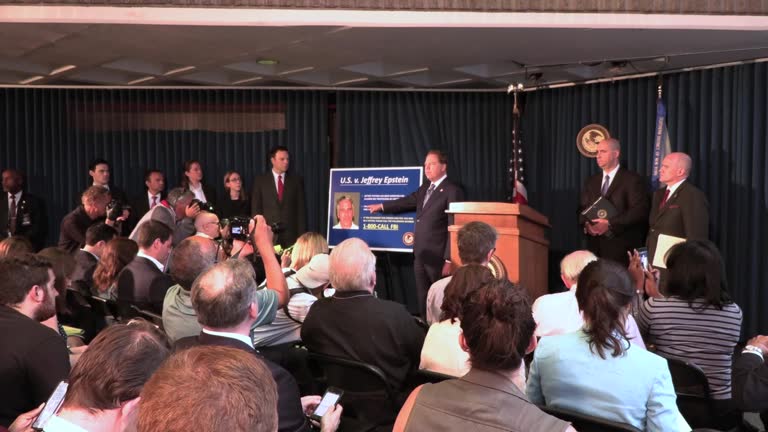 Southern District of New York press conference with charges against Jeffrey Epstein of sex trafficking between the years of 2002 and 2005 with underage minors. During seizure they found thousands of ...