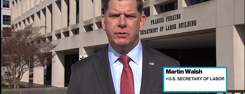 Labor Secretary Marty Walsh discusses the latest jobs report outside ...